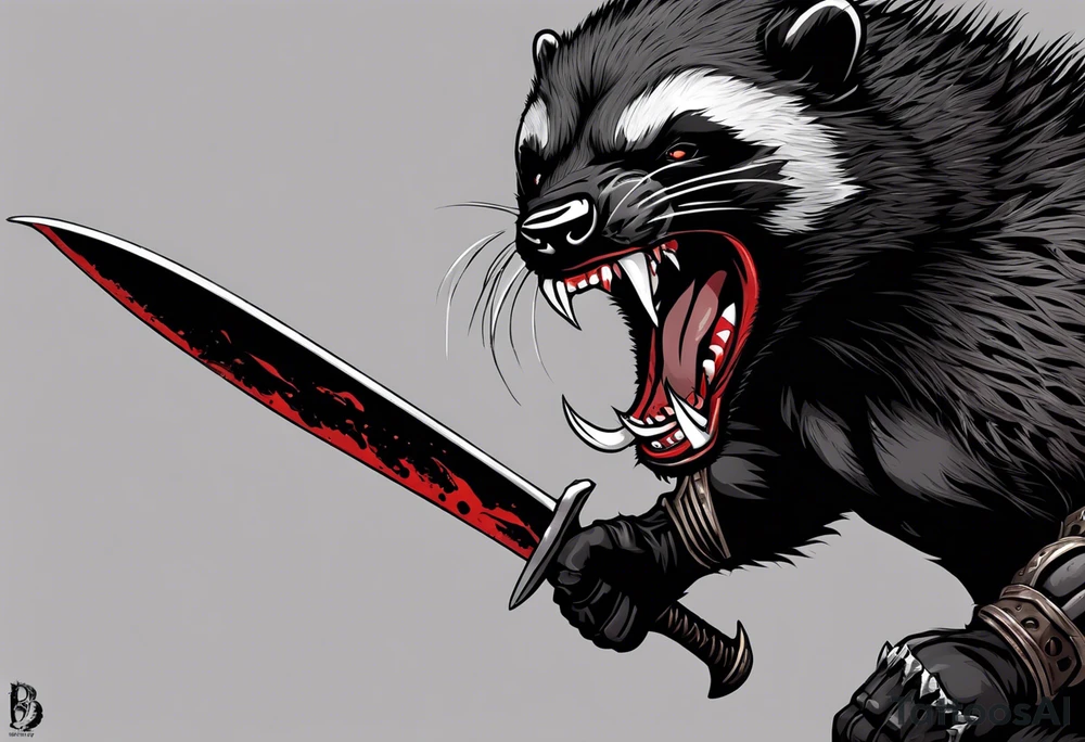 Draw me psychopath Honey Badger/Berserker/Assassin with aggressive full body, killer face with a scary smile, very long nails and he attacks like a Bloody Assassin/Warrior/Gladiator to us and also, he has very deadly looking. He fights with his nails only. Everybody scares after their first sight. Give me horror type Badger Tattoo. I want to see his Realistic full body with no weapons. You can show destruction at the back. tattoo idea