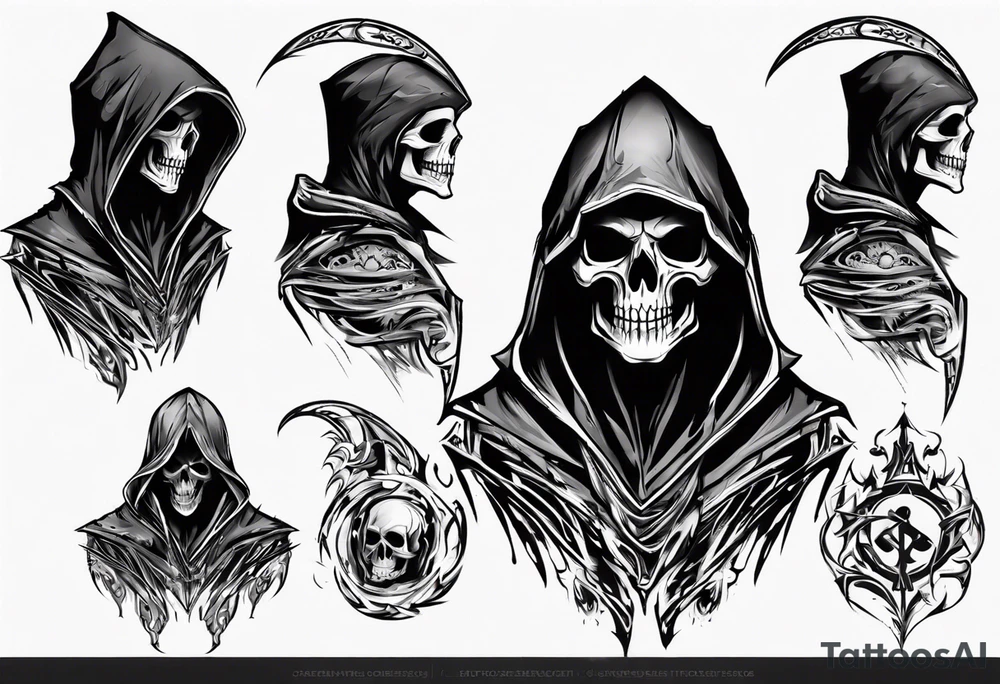 side view, hooded reaper upper body, no skull tattoo idea