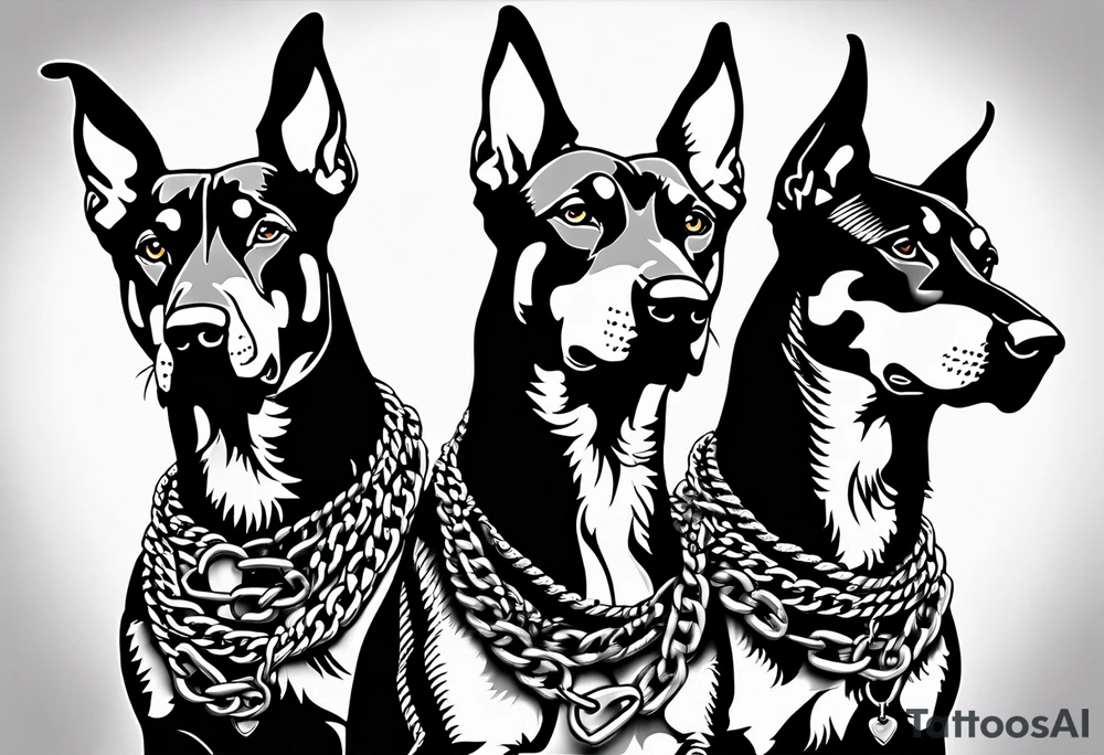 the chain is stretched, there are three angry barking Dobermans in it tattoo idea
