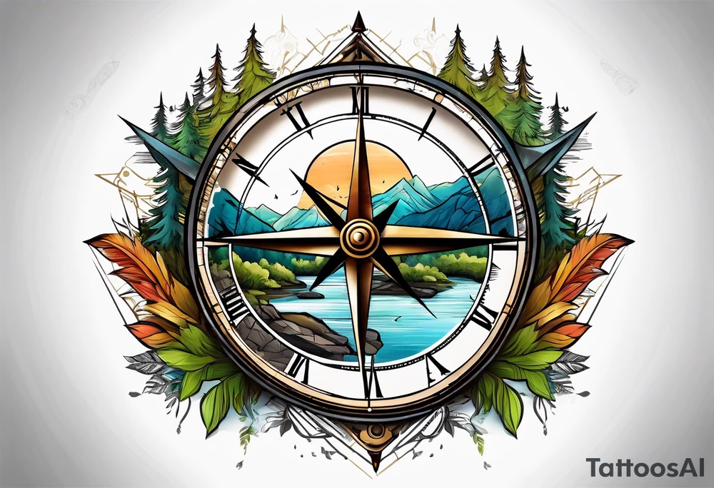 half compass half clock with arrow in the middle with mountain, trees and river tattoo idea