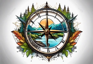 half compass half clock with arrow in the middle with mountain, trees and river tattoo idea