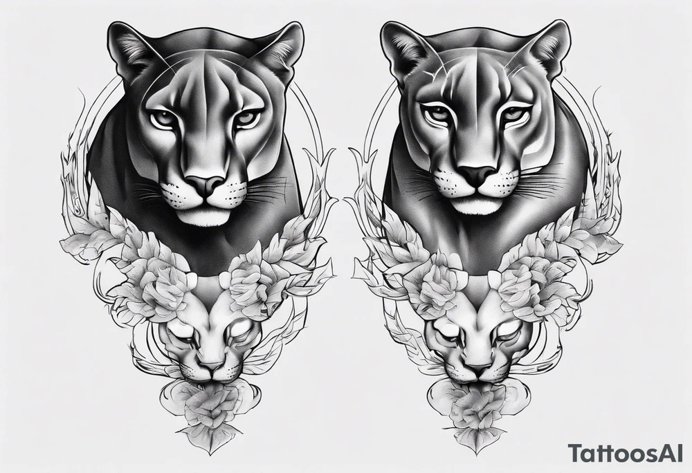 Generate a tattoo concept featuring two black pumas positioned on either side of a central element. Emphasize the pumas' details, such as their stance, facial expressions, and tail features. tattoo idea