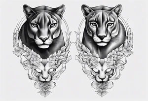 Generate a tattoo concept featuring two black pumas positioned on either side of a central element. Emphasize the pumas' details, such as their stance, facial expressions, and tail features. tattoo idea