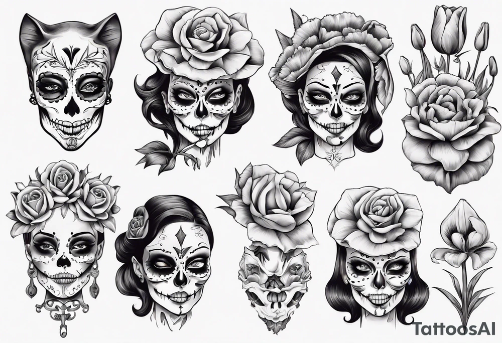 Catrina head with tulip in mouth tattoo idea