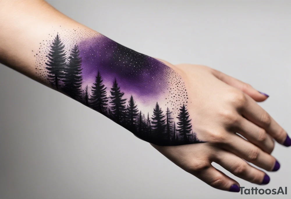 forest, abstract, on hand, no people, purple and black, full, whole wrist wrapped, filled, blackwork tattoo idea
