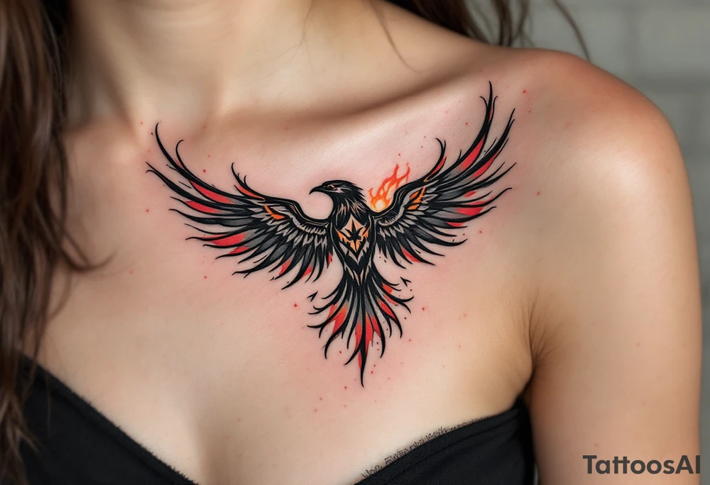 A stylized tattoo of Four’s tattooed chest with the bird motif, representing his Dauntless faction. Bold black lines and soft shades of red and orange in the background, symbolizing courage and fire. Black, red, orange, gray highlights. tattoo idea