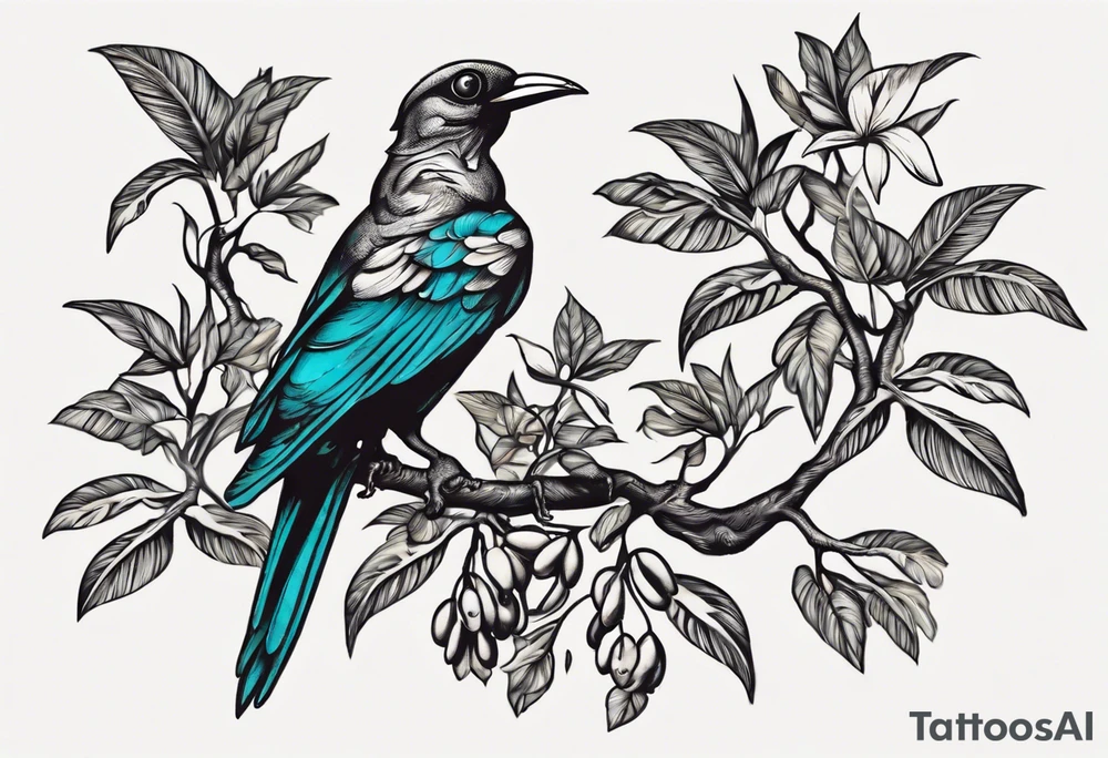 Certainly! Picture a vibrant Doctor Bird perched on a branch of ackee fruits, surrounded by lush tropical foliage. Below, the roots of a tree could form the shape of Jamaica's outline, with the initials of family members delicately incorporated into the branches or the trunk. This combination can create a visually striking and meaningful tattoo. tattoo idea