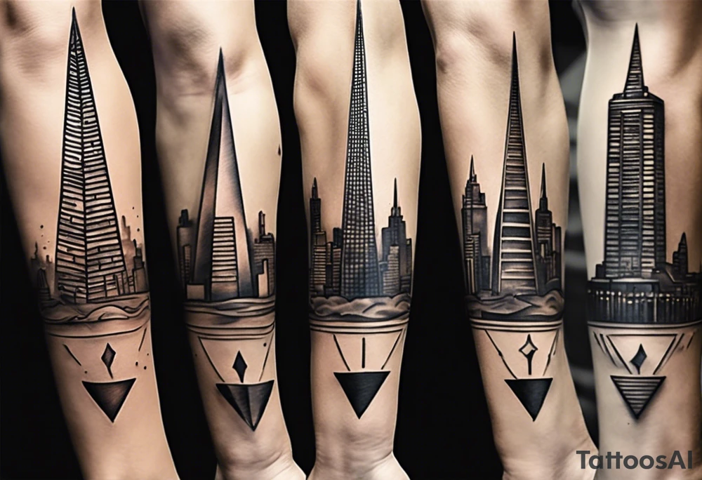 Create a visually dynamic tattoo that seamlessly blends the timeless elegance of the three Pyramids of Giza with the modern allure of the Manhattan skyline. Envision the pyramids standing majestically, perhaps incorporating subtle Egyptian motifs like hieroglyphs or an ankh, transitioning smoothly into the iconic structures of New York, such as the Empire State Building and One World Trade Center. tattoo idea