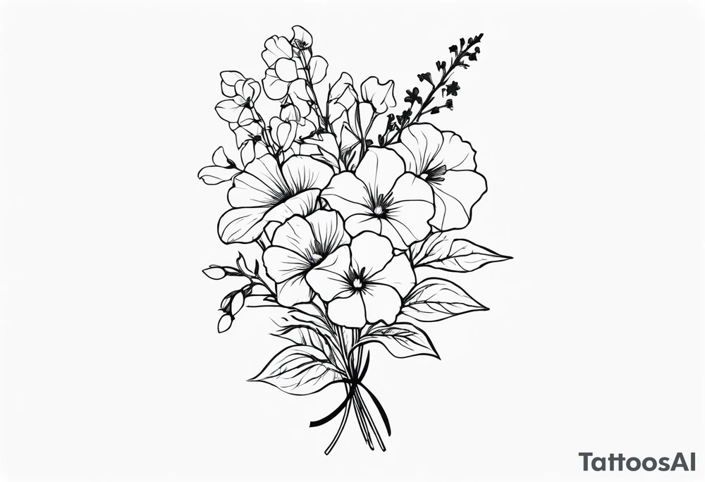 a long flower bouquet including sweet pea, larkspur, morning glory and cosmos tattoo idea