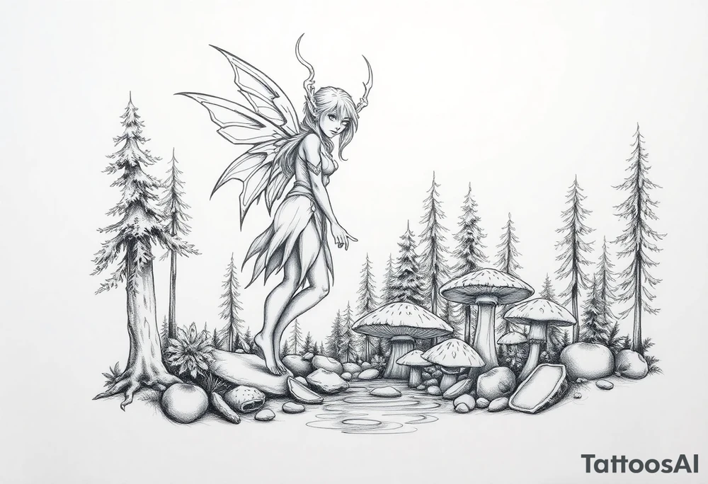 Elf with forest and mushrooms and water tattoo idea