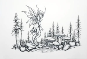 Elf with forest and mushrooms and water tattoo idea