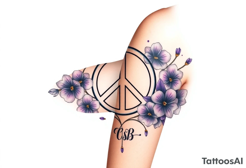 peace symbol intertwined with violets Pisces symbol, dog prints, amethyst, initials csb in cursive font tattoo idea
