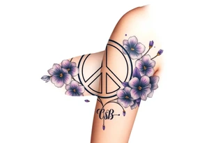 peace symbol intertwined with violets Pisces symbol, dog prints, amethyst, initials csb in cursive font tattoo idea