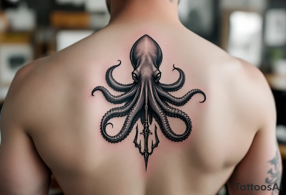 giant squid around a trident tattoo idea