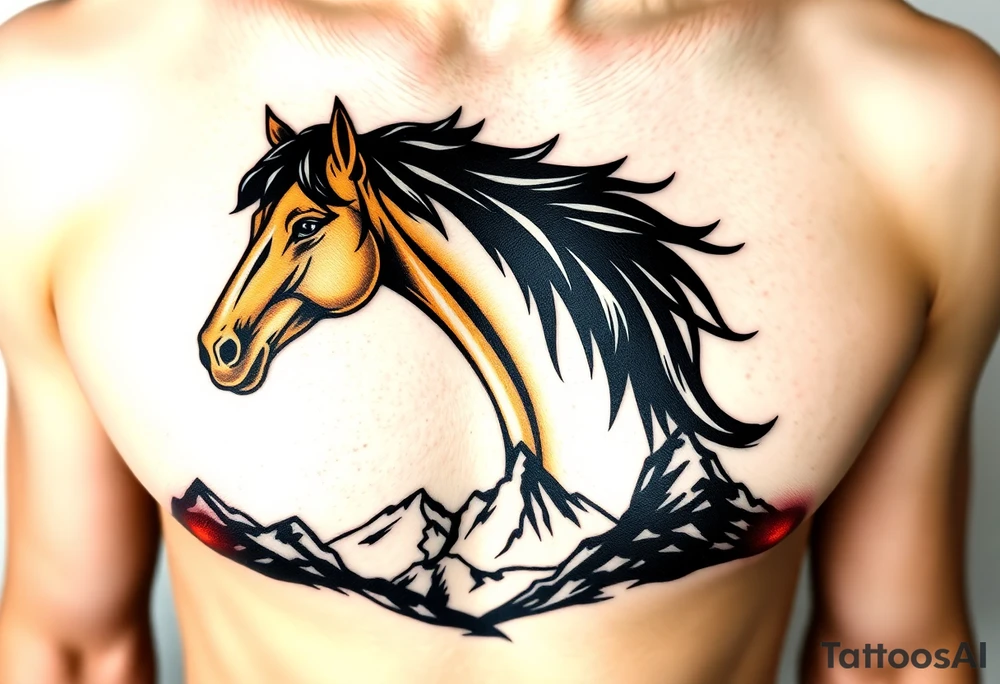 A golden mustang horse with black mane and leg. The mountains and nature should frame the design, blending with the horse's black fur as a base to represent the landscape. Experiment with using the black fur to shape the mountains, playing with edges or interior details. tattoo idea