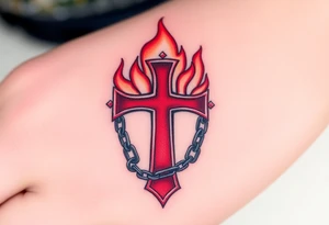 A red Maltese cross engulfed in flames, with iron chains wrapped around it, symbolizing resilience and unbreakable faith tattoo idea