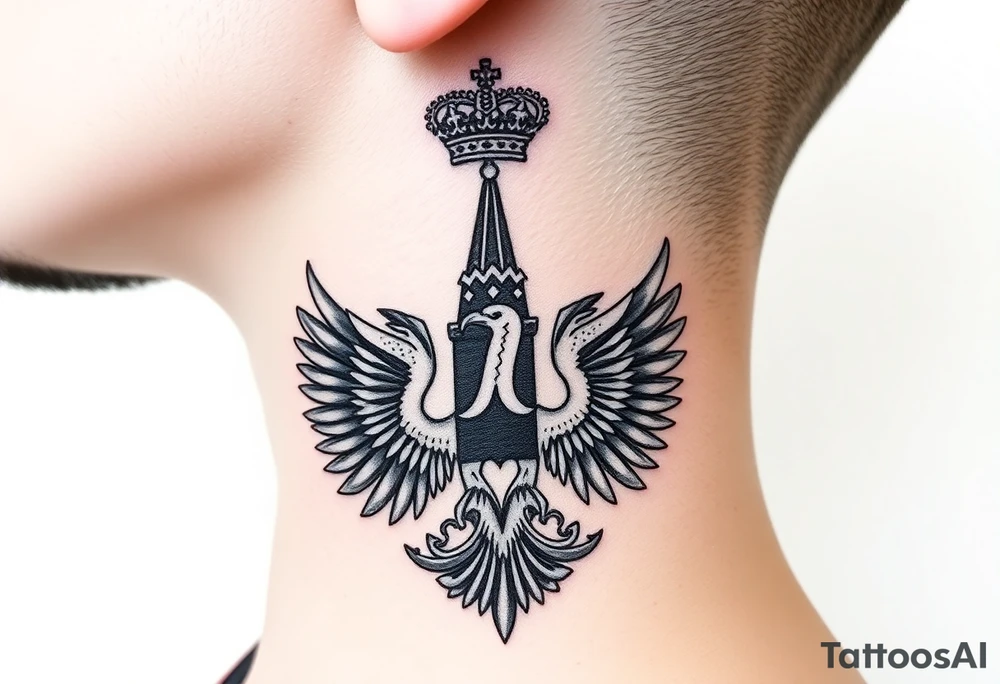St. George, 3 russian imperial crowns above the Russian coat of arms double eagle and sitting above its wingspan sitting just above Kremlin or St. Basil's Cathedral scene  on the side of my neck tattoo idea