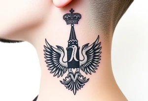 St. George, 3 russian imperial crowns above the Russian coat of arms double eagle and sitting above its wingspan sitting just above Kremlin or St. Basil's Cathedral scene  on the side of my neck tattoo idea