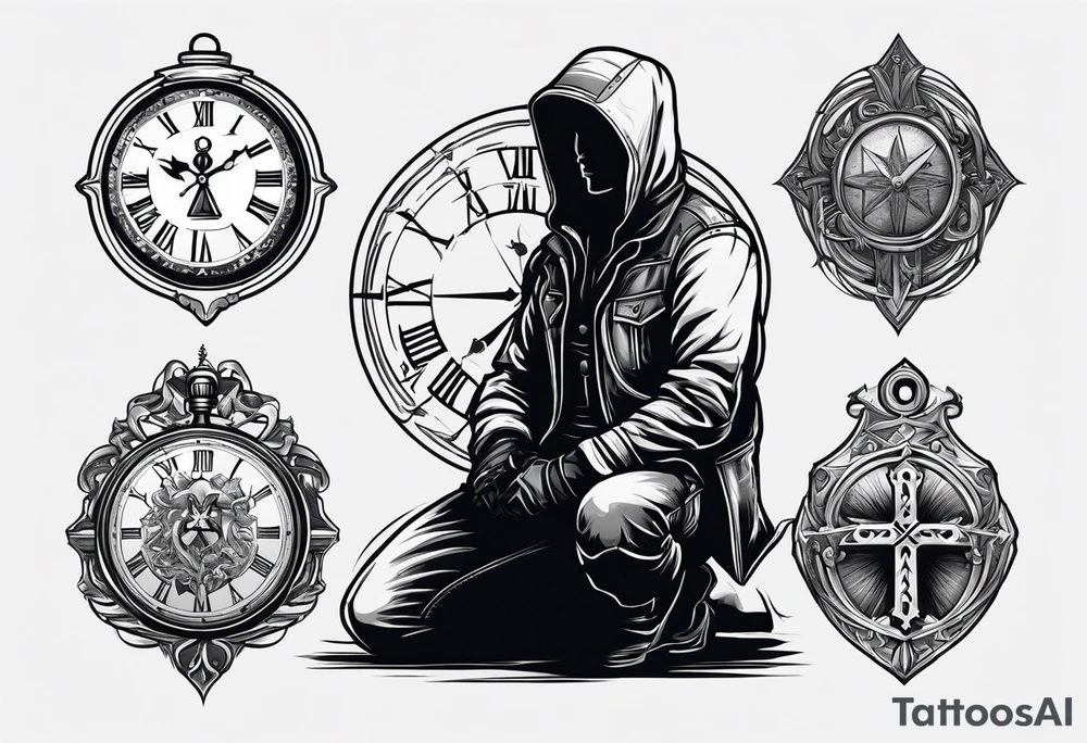 Welding hood on cross, sunshine, pocket watch with time, cowboy kneeling tattoo idea