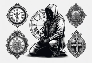 Welding hood on cross, sunshine, pocket watch with time, cowboy kneeling tattoo idea