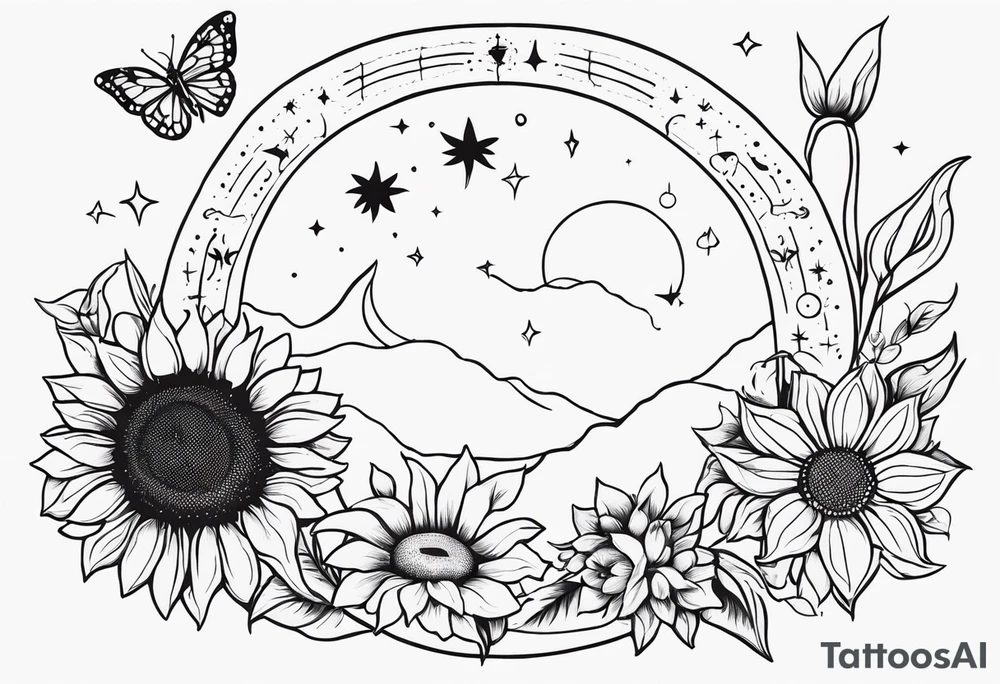 Zodiac sign Cancer, moon, sunflower, flowers, fairy, love, kind, fierce, sun, caring, butterfly, stars tattoo idea