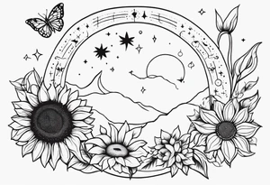 Zodiac sign Cancer, moon, sunflower, flowers, fairy, love, kind, fierce, sun, caring, butterfly, stars tattoo idea