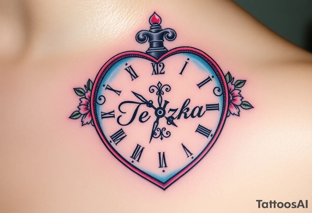 A heart-shaped clock with soft pastel pink and blue tones, featuring delicate floral engravings, with the child’s name "Terezka" scripted across the center tattoo idea