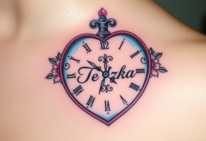 A heart-shaped clock with soft pastel pink and blue tones, featuring delicate floral engravings, with the child’s name "Terezka" scripted across the center tattoo idea