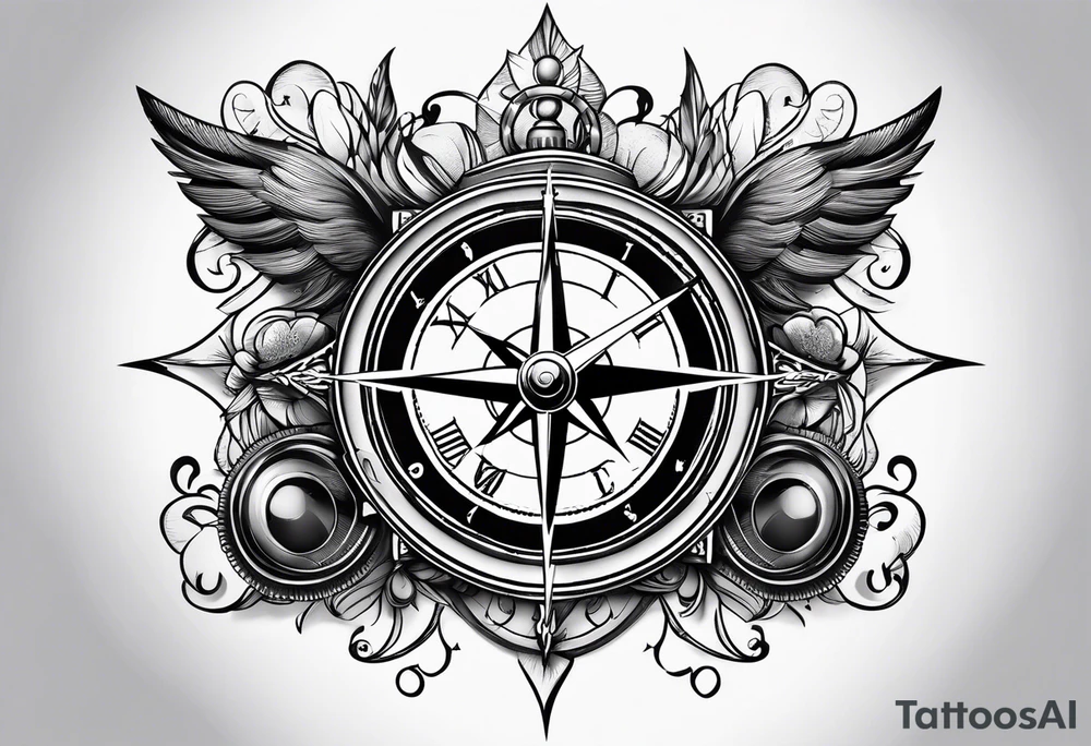 combination of a floating nautical compass and a old school clock face tattoo idea