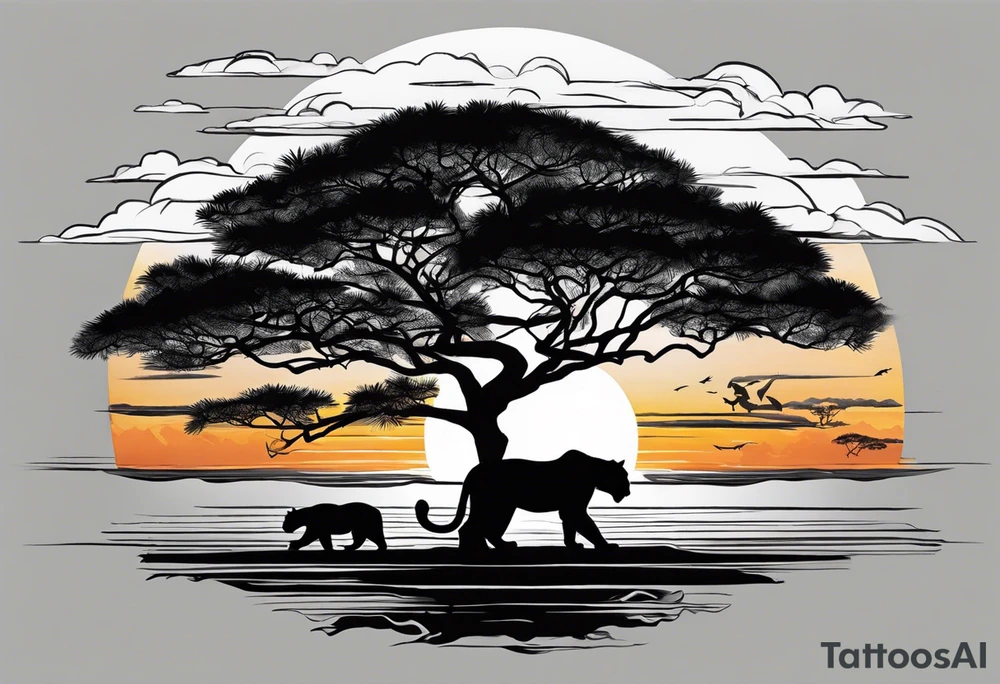 Panthers on a single African tree with the sunsetting behind it with clouds that help tie into a tattoo on the other side of my arm tattoo idea