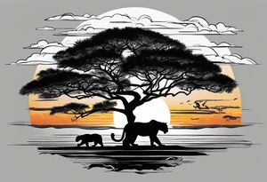 Panthers on a single African tree with the sunsetting behind it with clouds that help tie into a tattoo on the other side of my arm tattoo idea