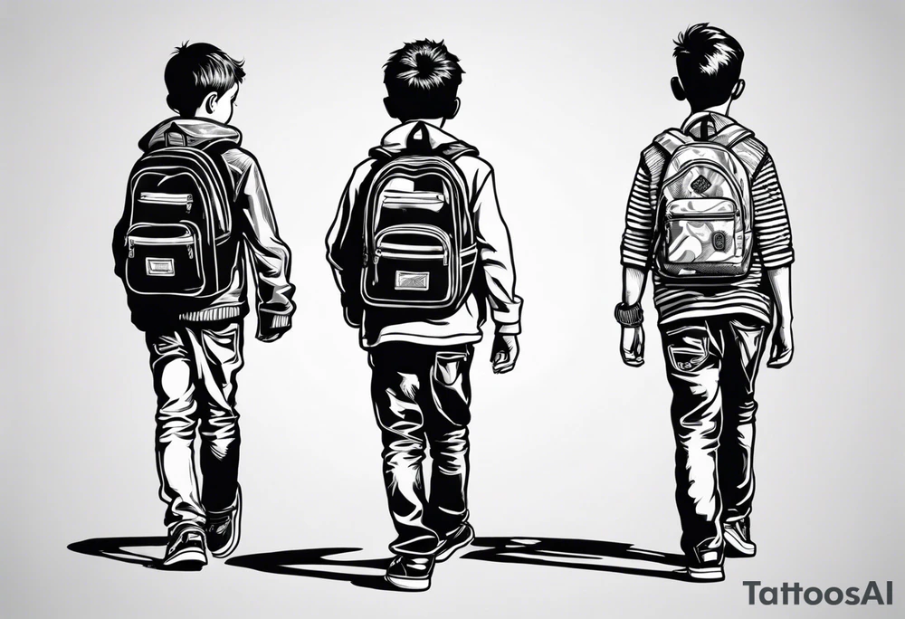full bodies of 3 black school age boys walking away together and one is looking to the side at the one in the middle tattoo idea