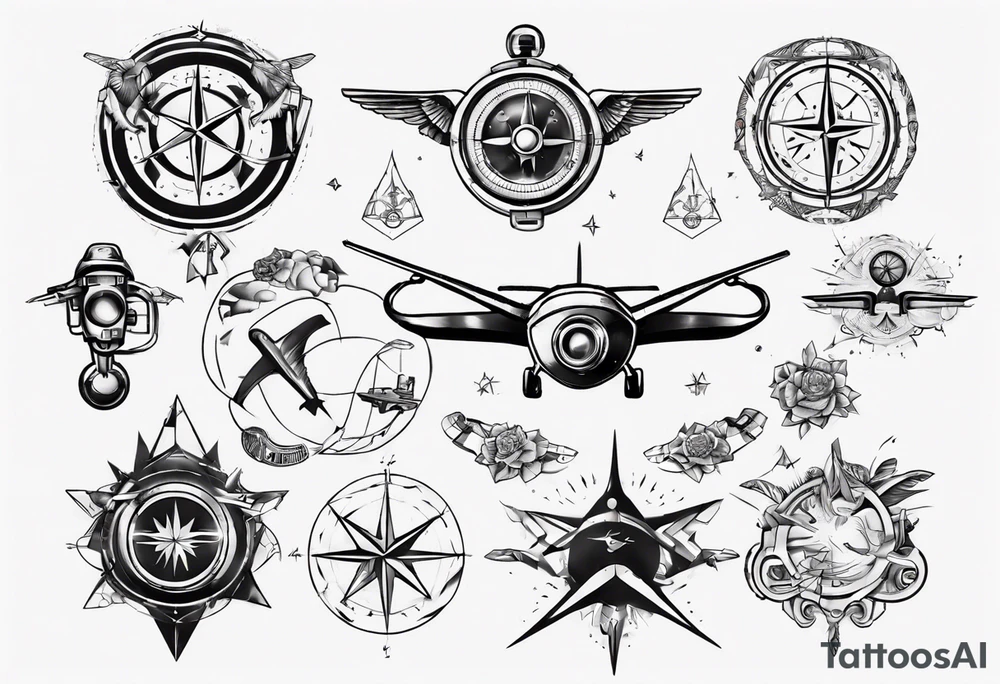 wonderlust with compass and skydiving and guns tattoo idea