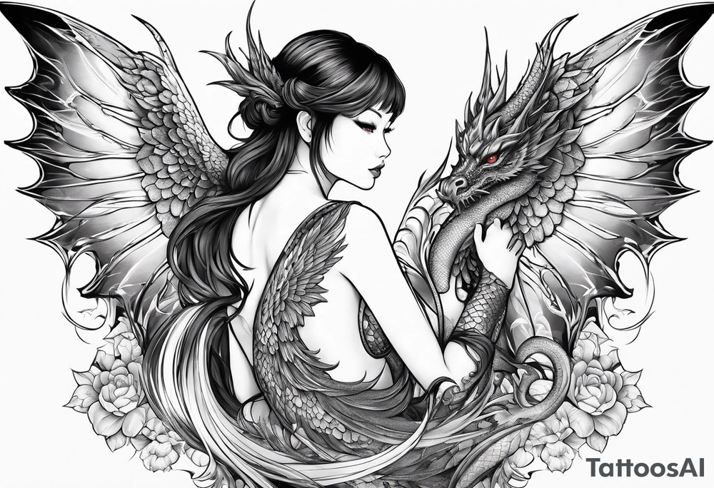 beautiful warrior nymph with large wings coming out of her back and a dragon friend tattoo idea