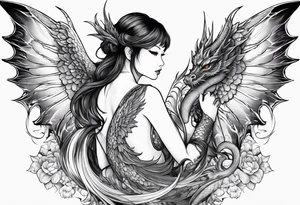 beautiful warrior nymph with large wings coming out of her back and a dragon friend tattoo idea