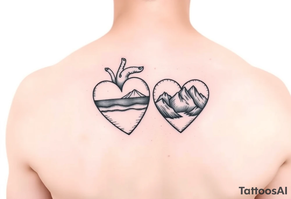 Two of the same hearts one containing an ocean and one containing mountains tattoo idea