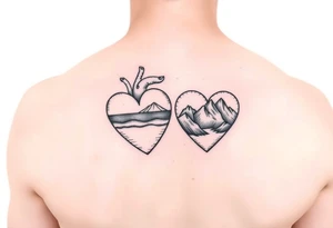 Two of the same hearts one containing an ocean and one containing mountains tattoo idea