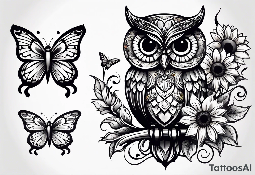 Small owl with butterfly and sunflower leg sleeve tattoo idea