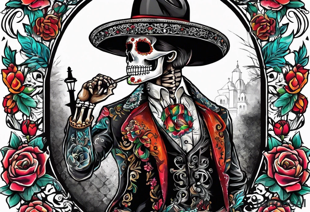 Mexico day of dead  man standing
 skeleton drink tattoo idea
