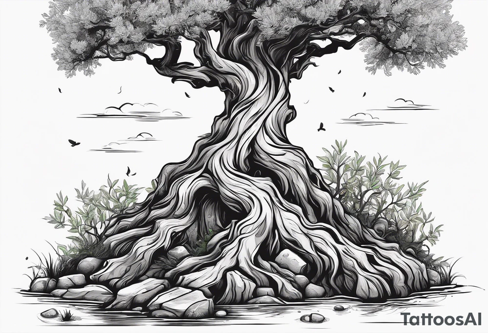 And olive tree with exposed roots, writing out “patience” in Korean, next to a tree stump with exposed rings, and a small Poppy flower growing out of the ground tattoo idea