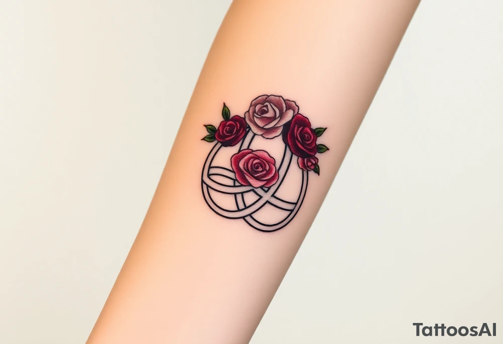 Celtic Trinity knot with a flower crown going through it made out of tiny maroon and blush pink colored roses tattoo idea