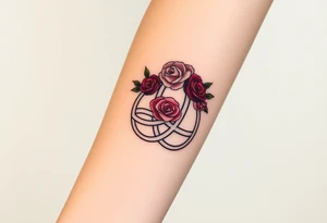 Celtic Trinity knot with a flower crown going through it made out of tiny maroon and blush pink colored roses tattoo idea