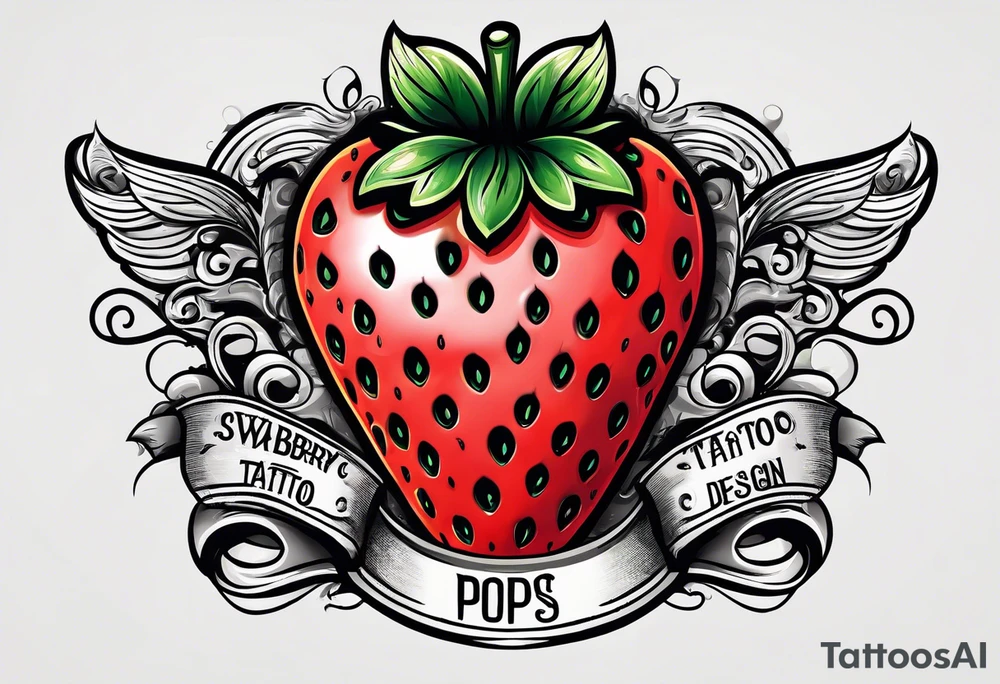 Strawberry with swirling banner that says Pops tattoo idea