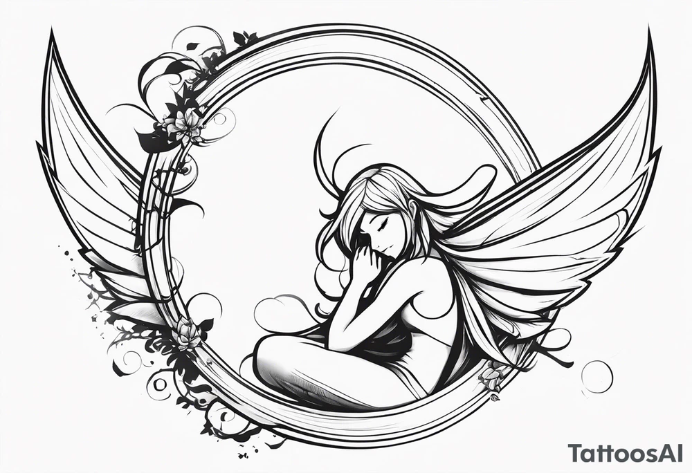 No color sketch of a fairy with a tail inspired by the guild symbol in the anime show called Fairy Tail in a fetal position leaning forward while crawled in and her body is an angle while floating in the air with big wings tattoo idea