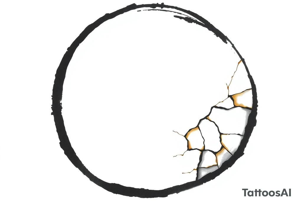 A Japanese‑inspired tattoo of a thick Zen ensō circle, drawn with a bold, hand‑painted black ink brushstroke. The circle is imperfect and organic, with visible texture and subtle variation in line thickness. About the last quarter of the circle, near the top‑right, transforms into a cracked ceramic segment that has been repaired using kintsugi: visible broken pieces outlined and joined by thin, flowing gold lines. There should be a couple big pieces rather than lots of small ones. The circle and the ceramic part should have the same thickness. The gold seams follow the natural fractures of the ceramic section, creating several branching cracks rather than a single line, clearly distinguishing this repaired portion from the rest of the smooth ink circle. The transition from ink to ceramic should feel natural, as if the painted circle solidifies into a fragile object that has been lovingly mended. Keep the interior of the circle empty, with a clean white background and no extra symbols or text. Design it as a black and gray tattoo with a subtle metallic gold effect on the kintsugi seams, suitable for a medium‑sized placement on the back of the bicep. tattoo idea