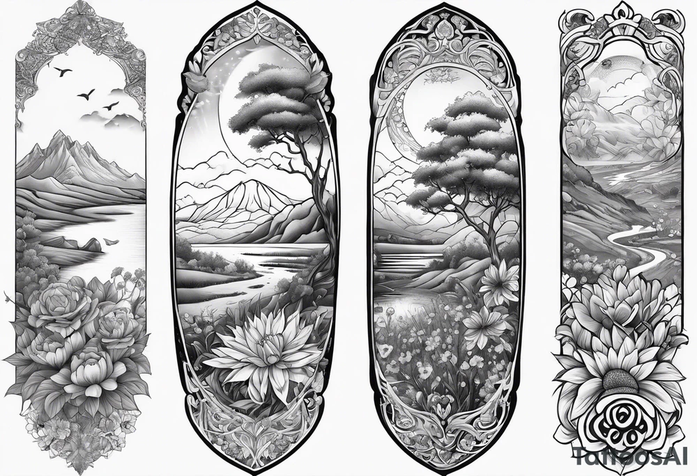 Sleeve tattoo, field of flowers with something cultural and majestic tattoo idea