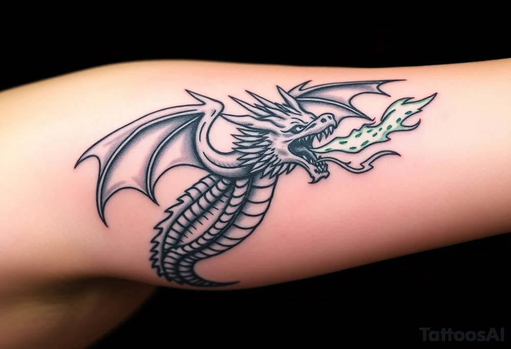 fierce dragon breathing iridescent fire against stormy skies tattoo idea