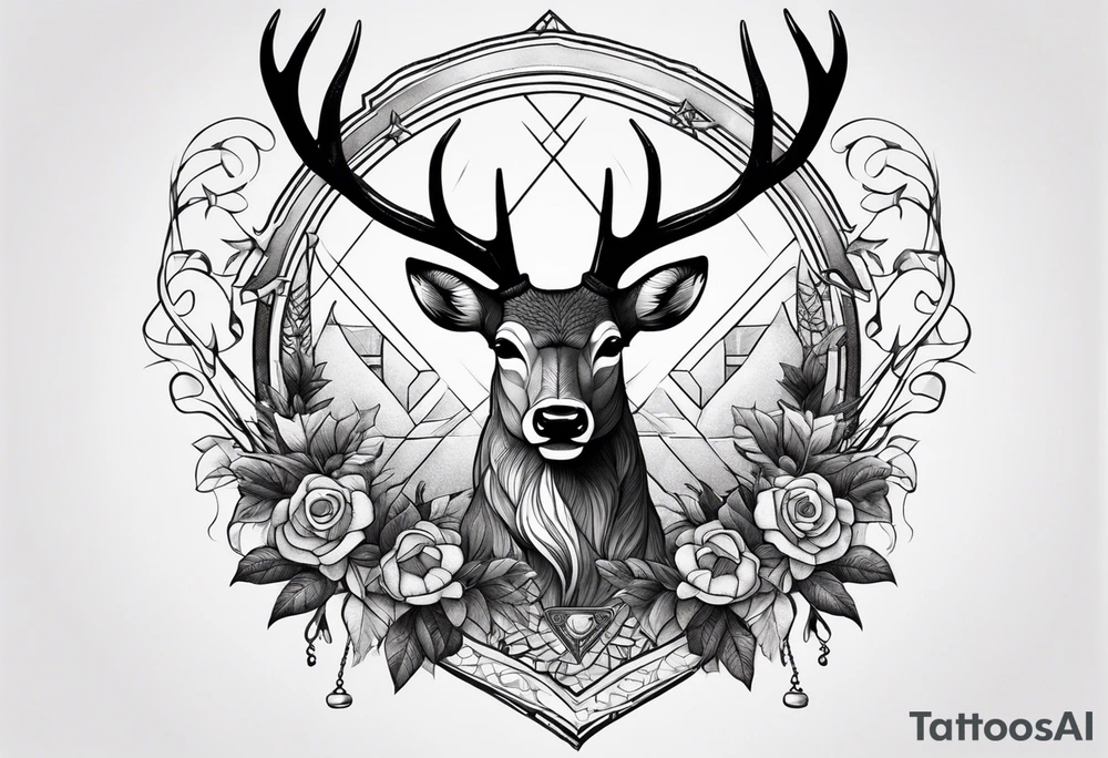 Stag surrounded by a ribbon and a large dagger in the background tattoo idea