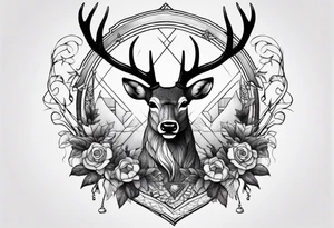 Stag surrounded by a ribbon and a large dagger in the background tattoo idea