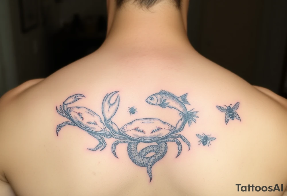 Crabs, fish, snake, bees tattoo idea